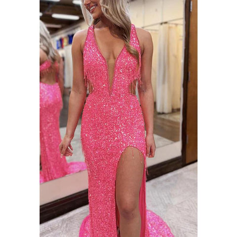 V-neck Illusion Empire Sleeveless Sequined with Side Slit Party Prom Evening Dress