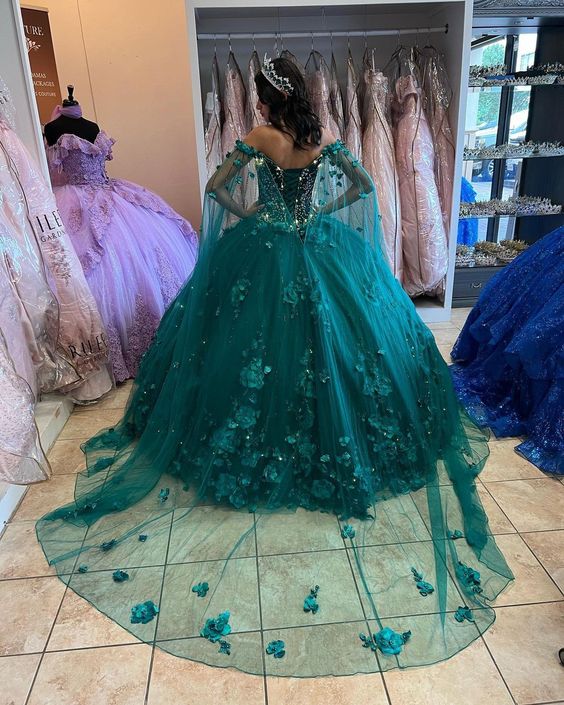 Vestido de quinceañera verde esmeralda con escote floral y hombros descubiertos, nueva llegada, vestido de gala para dulces 16 años Y1226