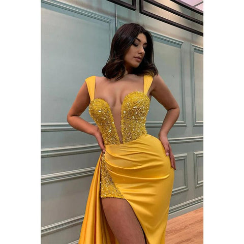 Robe de bal sirène jaune sexy à col en V profond et fente 
