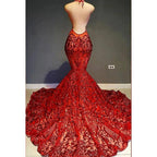 Vestido de fiesta sexy y atractivo con tirantes finos, escote en V profundo, sin mangas, corte sirena, espalda descubierta y lentejuelas