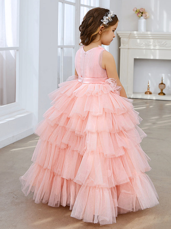 Vestido de princesa rosa perla sin mangas para niña de las flores con lazo de tul 