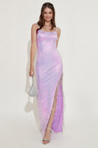 Robe de bal lavande à paillettes et franges