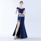 Classic Satin Off Shoulder Long Evening Dress Elegant Timeless