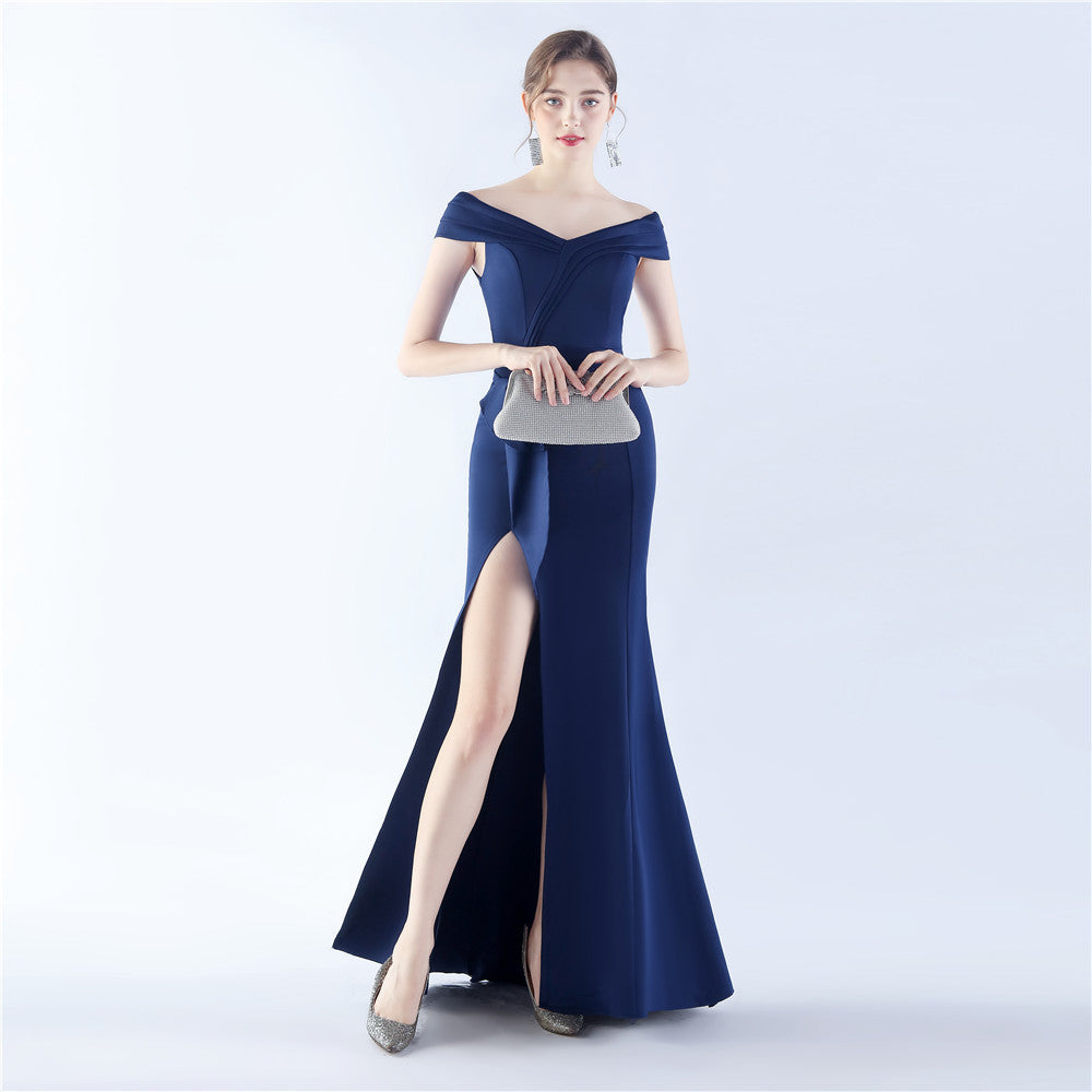 Classic Satin Off Shoulder Long Evening Dress Elegant Timeless