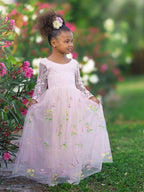 Vestido de niña de las flores de jardín, de tul bordado con encaje floral, corte en A y largo hasta el suelo 
