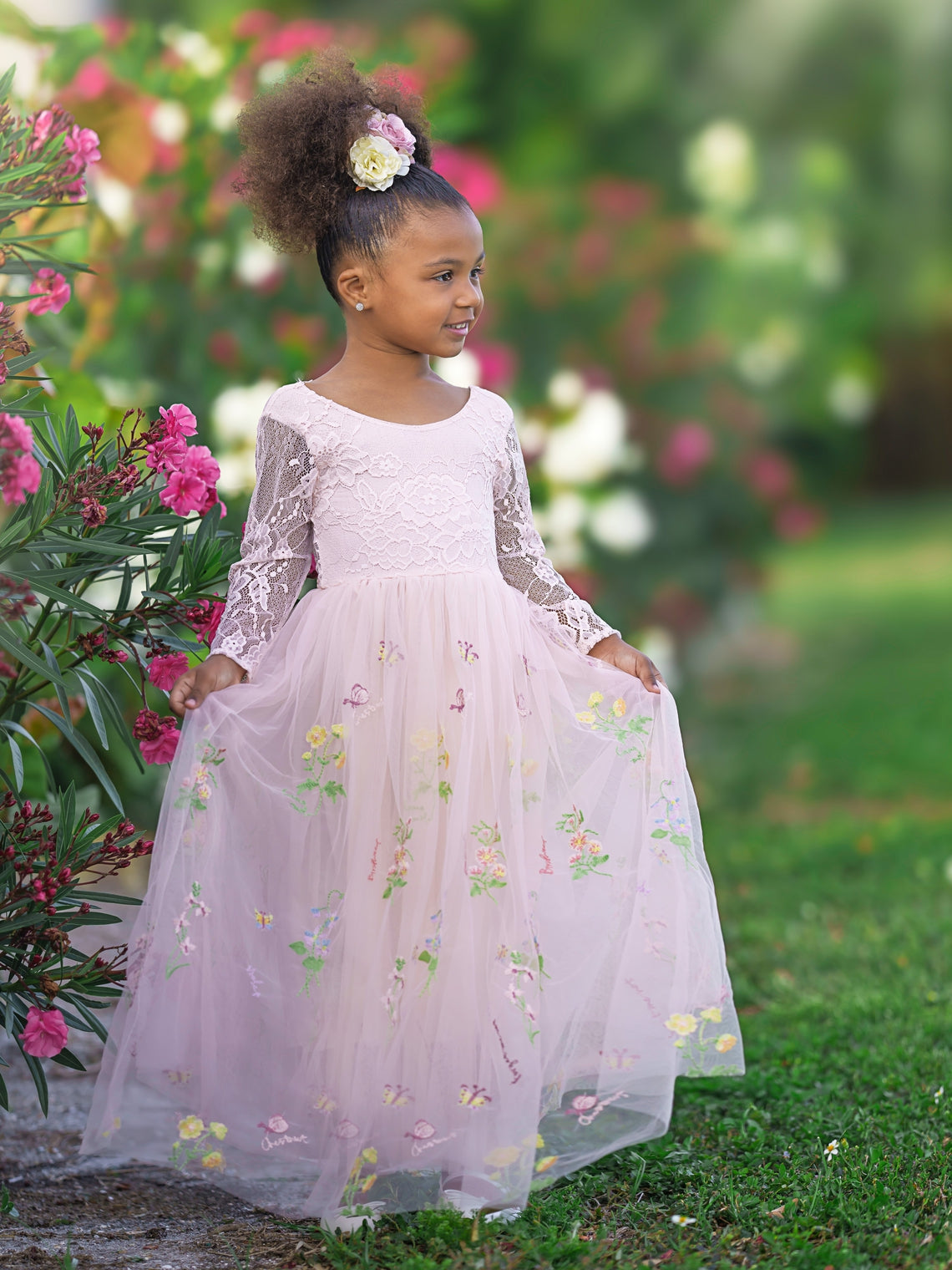 Vestido de niña de las flores de jardín, de tul bordado con encaje floral, corte en A y largo hasta el suelo 