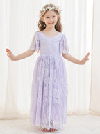 Vestido boho de niña de las flores color marfil, corte en A, de encaje y largo hasta el tobillo 