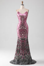 Stylish Mermaid Spaghetti Straps Pink Sequins Long Prom Dress
