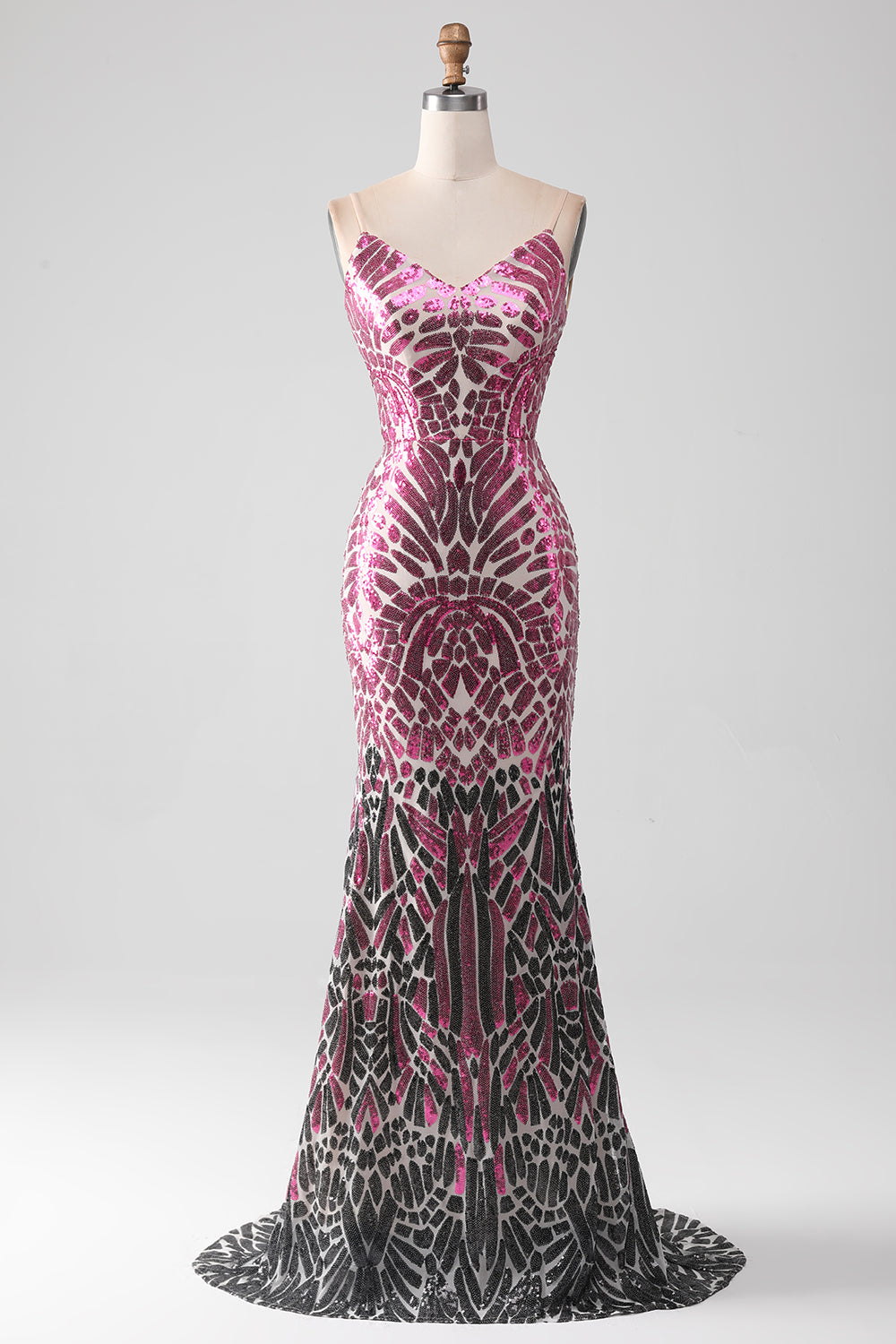 Stylish Mermaid Spaghetti Straps Pink Sequins Long Prom Dress