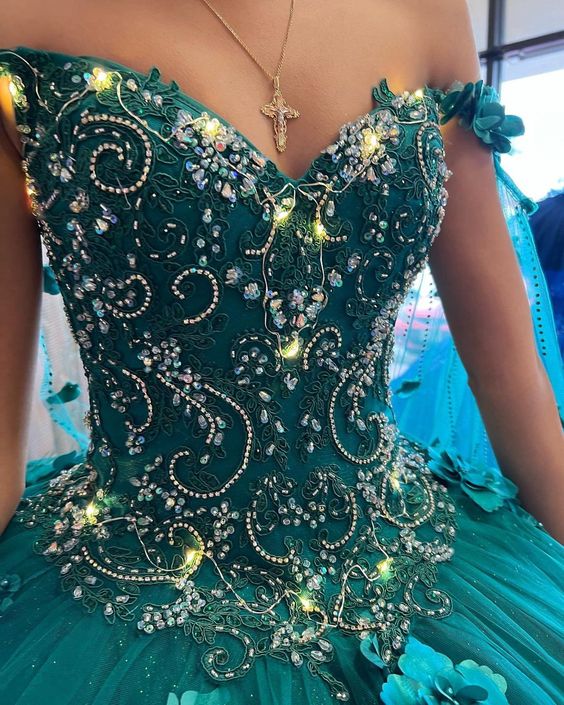 Vestido de quinceañera verde esmeralda con escote floral y hombros descubiertos, nueva llegada, vestido de gala para dulces 16 años Y1226