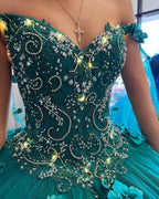 Vestido de quinceañera verde esmeralda con escote floral y hombros descubiertos, nueva llegada, vestido de gala para dulces 16 años Y1226