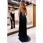 Vestido de fiesta largo negro con cuentas de lujo y escote en V sexy con abertura 