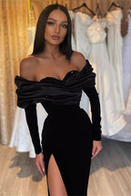 Robe de bal sirène noire bustier élégante à manches longues et fente stylée