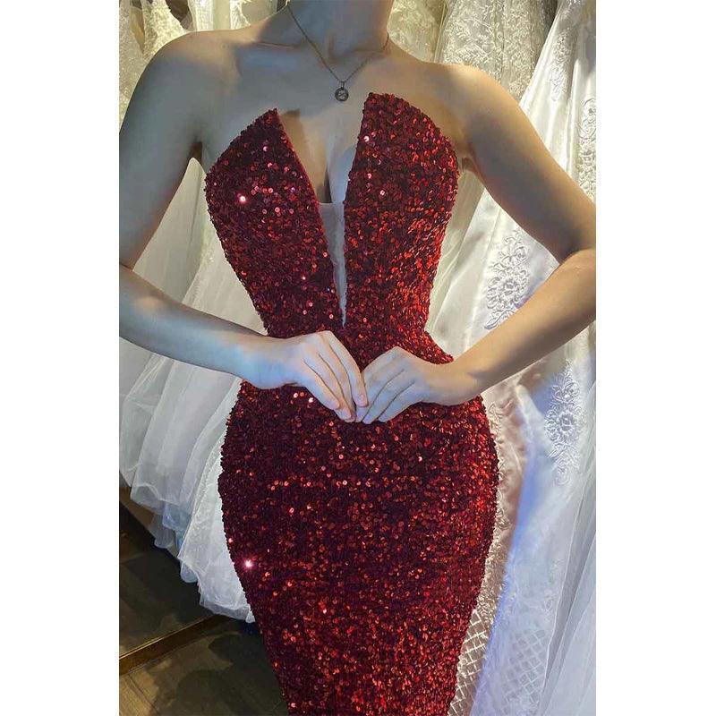 Vestido de fiesta de graduación sexy con escote en V profundo y lentejuelas color burdeos brillante 