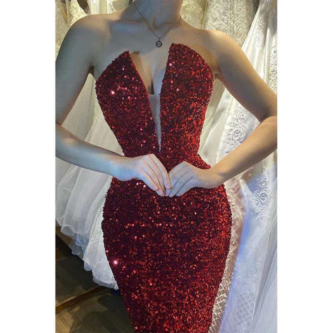Robe de soirée sexy à paillettes bordeaux et décolleté en V profond 