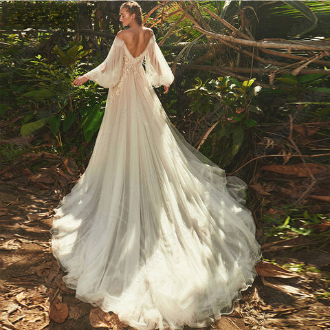 Robes de mariée champagne clair, style pastoral, manches longues bouffantes, fleurs 3D, coupe trapèze, dos nu sexy, vestidos de novia 