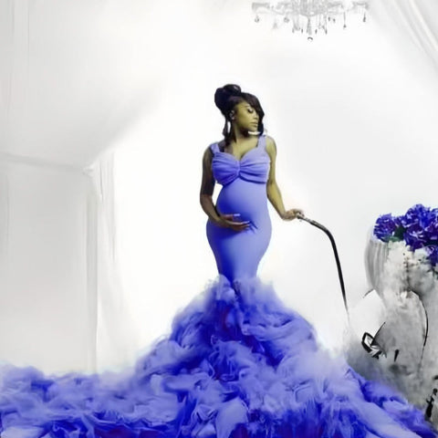 Vestido de maternidad con cintura de tul suave, corte sirena y elástico, ideal para fotos de mujeres embarazadas con barriga grande.