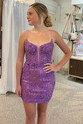 Trendy Bodycon Spaghetti Straps Sequins Short Homecoming Dress with Criss Cross Back