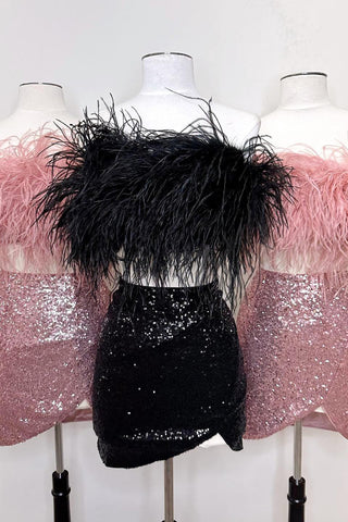 Two Piece Strapless Black Short Homecoming Dress with Feather