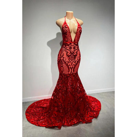 Robe de bal sirène sexy et tendance à bretelles spaghetti, décolleté en V profond, sans manches, dos nu, paillettes