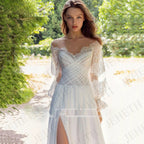 Wedding Dresses Boho Beach Lace Long Sleeves Split Vestidos De Novia Elegant Bohemian Bridal Gown Chiffon Illusion O Neck