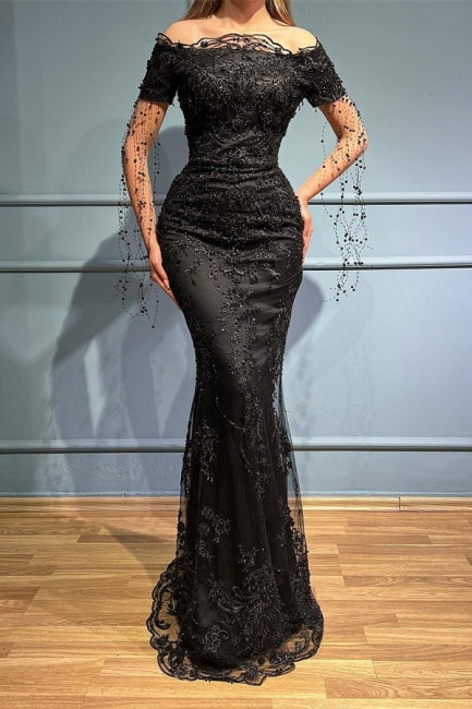 Magnifique robe de bal noire bustier à épaules dénudées