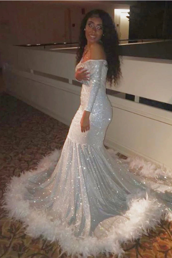 Fabuloso vestido de fiesta de sirena con lentejuelas, mangas largas y plumas, hasta el suelo
