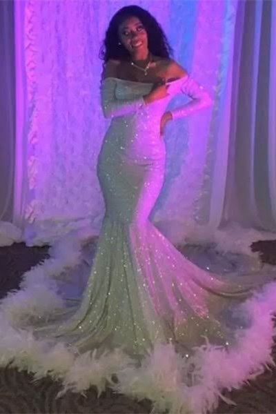 Fabuloso vestido de fiesta de sirena con lentejuelas, mangas largas y plumas, hasta el suelo