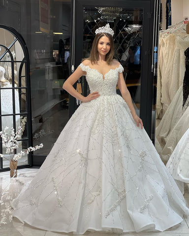 Fabuloso vestido de novia largo hasta el suelo, escote corazón, hombros descubiertos, corte en A, lentejuelas y volantes