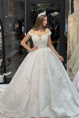 Fabuloso vestido de novia largo hasta el suelo, escote corazón, hombros descubiertos, corte en A, lentejuelas y volantes