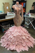 Fabulosos vestidos de sirena de encaje transparente con cuello alto, un solo hombro y manga larga para baile de graduación.