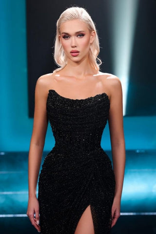 Fabuloso vestido largo negro de fiesta, sin tirantes, sexy, con lentejuelas y abertura