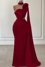 Superbe robe de bal sirène bordeaux longue, asymétrique, sans manches, avec volants