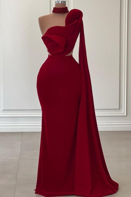 Superbe robe de bal sirène bordeaux longue, asymétrique, sans manches, avec volants