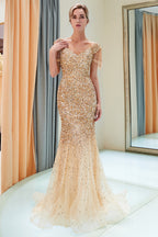 Fabuleuse robe de bal sirène longue à épaules dénudées en tulle et sequins