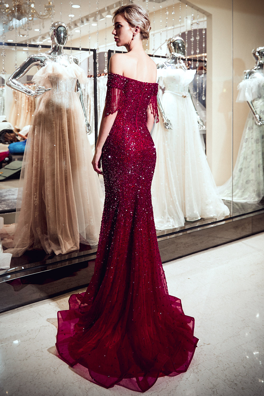 Fabuleuse robe de bal sirène longue à épaules dénudées en tulle et sequins