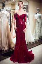 Fabuleuse robe de bal sirène longue à épaules dénudées en tulle et sequins