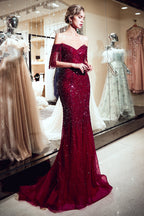 Fabuleuse robe de bal sirène longue à épaules dénudées en tulle et sequins