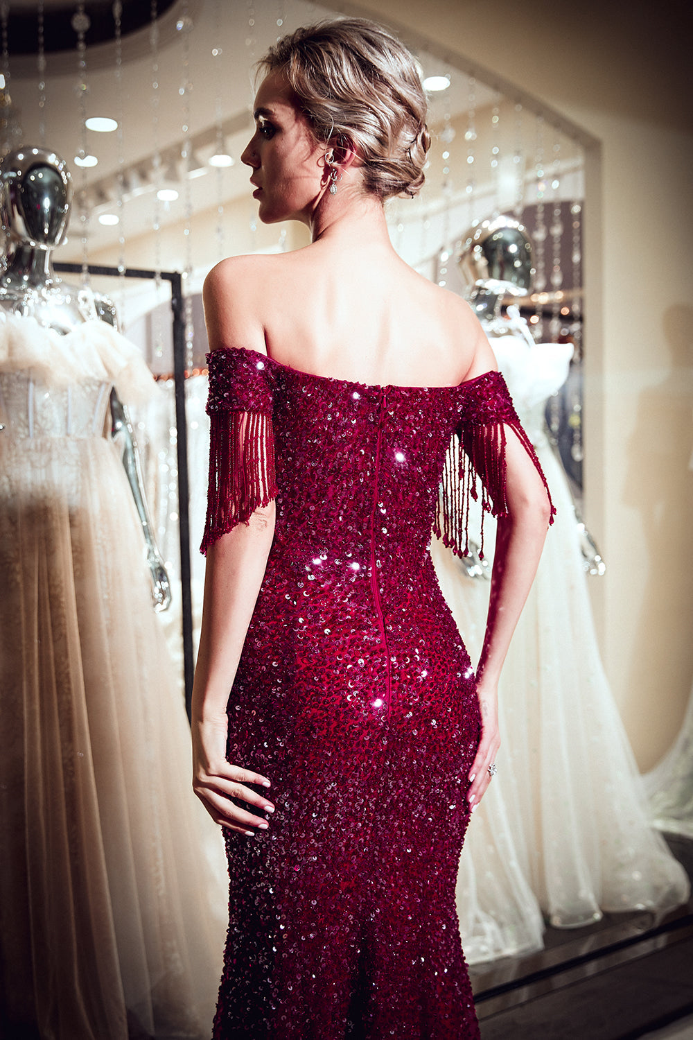 Fabuleuse robe de bal sirène longue à épaules dénudées en tulle et sequins