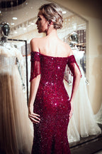 Fabuleuse robe de bal sirène longue à épaules dénudées en tulle et sequins