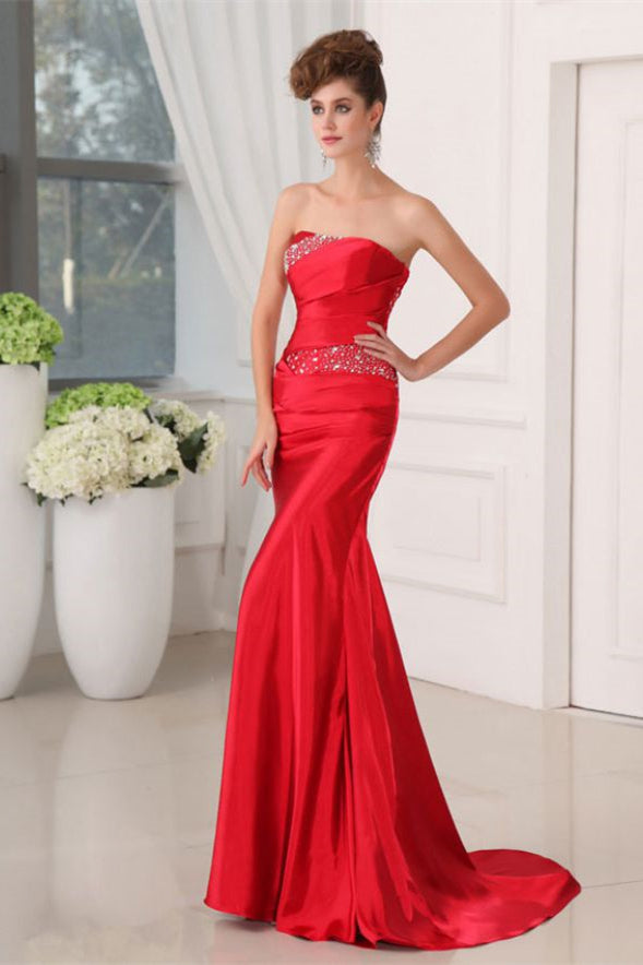 Fabuloso vestido largo rojo de fiesta sin tirantes, con lentejuelas, sin mangas y con cordones