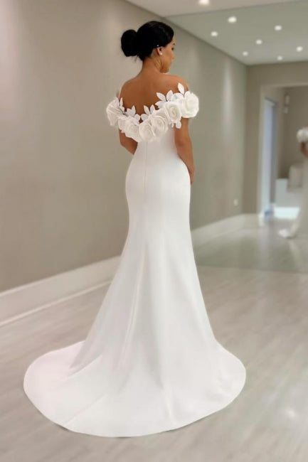 Fabuleuse robe de mariée blanche sirène en satin, sans manches, épaules dénudées