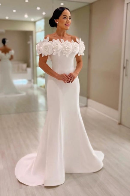 Fabuleuse robe de mariée blanche sirène en satin, sans manches, épaules dénudées