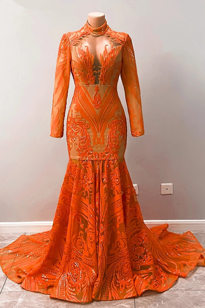 Fabulosos vestidos de sirena de manga larga con apliques de encaje y cuello halter color naranja para baile de graduación.
