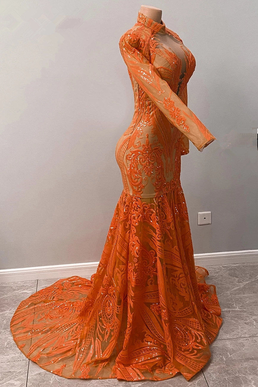 Fabulosos vestidos de sirena de manga larga con apliques de encaje y cuello halter color naranja para baile de graduación.