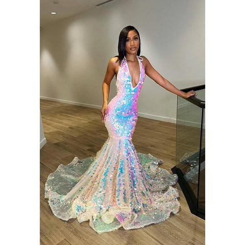 Vestido formal de noche de graduación con escote en V, sin mangas, espalda descubierta y lentejuelas, corte trompeta/sirena