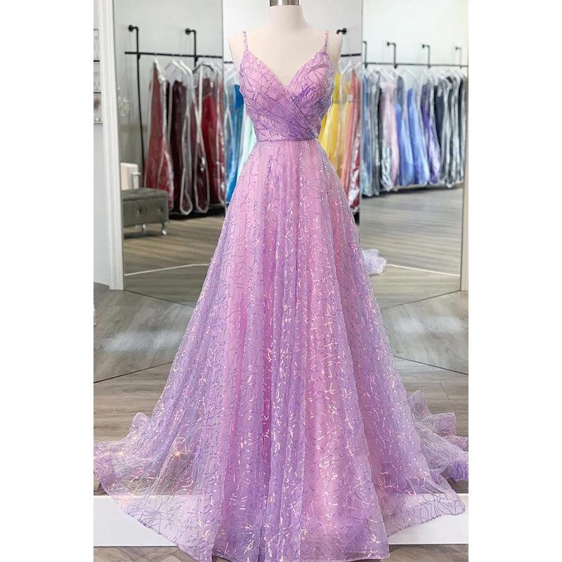 Vestido de fiesta morado con lentejuelas, encaje, escote en V y corte A con purpurina 