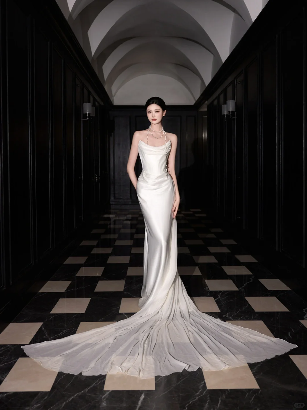 Classy White Satin Chiffon Mermaid Prom Dress,Strapless Long Wedding Dress Y8591