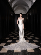 Classy White Satin Chiffon Mermaid Prom Dress,Strapless Long Wedding Dress Y8591