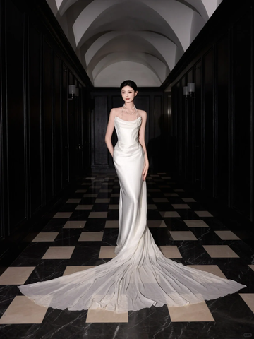 Classy White Satin Chiffon Mermaid Prom Dress,Strapless Long Wedding Dress Y8591